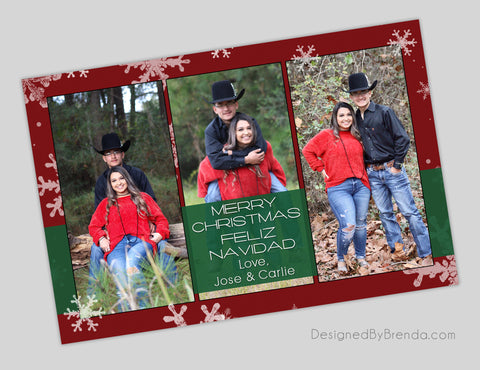 Bilingual Red & Green Holiday Card with Photos - Merry Christmas & Feliz Navidad