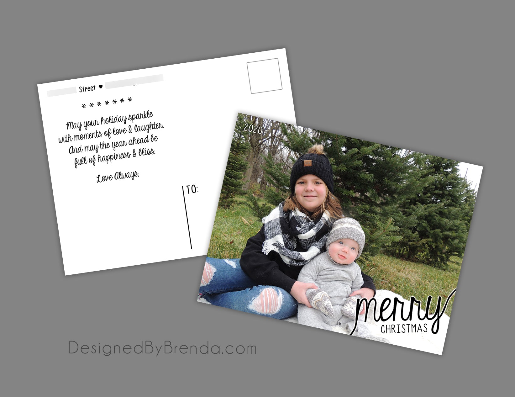 Modern Christmas Card with Photo and Fun, Cursive Typography - Double Sided